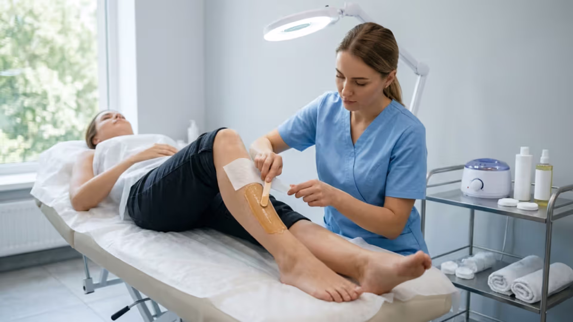 Professional leg waxing treatment in a beauty salon